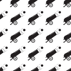 Cannon with ball, seamless pattern. Texture pattern with black icons isolated on white background for your print, decor, design. Cannon shoots bomb, wallpaper template