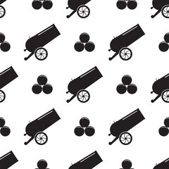 Cannon with balls, seamless pattern. Texture pattern with black icons isolated on white background for your print, decor, design. Cannon shoots bomb, wallpaper template.