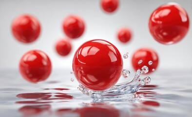 Red spheres splash into water, creating ripples, while others float blurred in a white backdrop