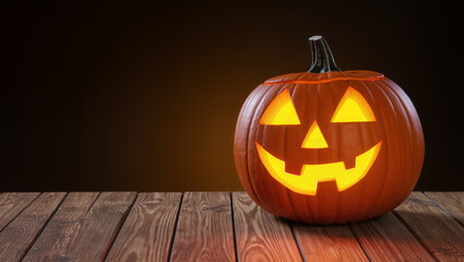 Obraz premium Orange pumpkin jack o lantern with green tail for Halloween on dark background