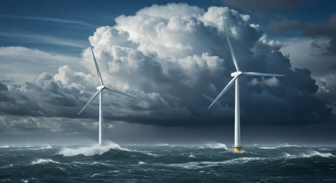Ocean Wind Farm Powering Tomorrow with Turbines Against a Stormy Sky.