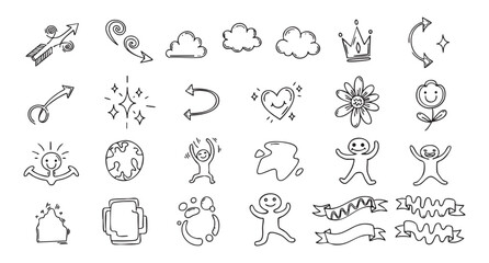 Line icon cute element set. Doodle line color icon decorative arrow, cloud, crown, sparkle and flower. Hand drawn heart, sketchy figure, funny outline and cartoon ribbon for kids. Vector illustration