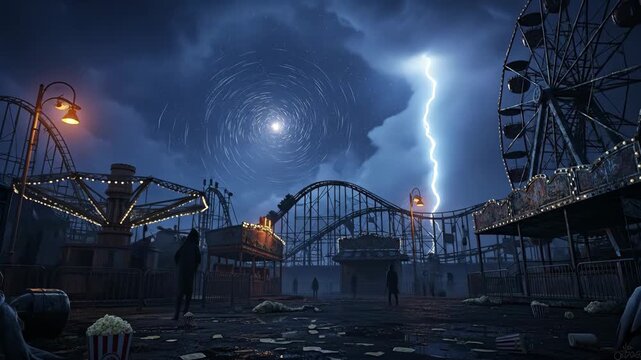 Grungy Carnival Amusement Park with Lightning and Stars - A dark, cinematic video of an abandoned carnival amusement park under a stormy sky.