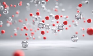 Floating shiny silver and red spheres against a soft, bright background