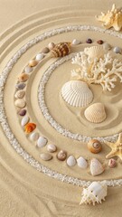 Intricate Arrangement of Seashells and Coral on Sandy Beach Surface