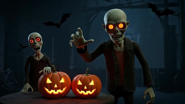 Animated Halloween Scene with Undead and Pumpkins - A vibrant 3D animated Halloween scene featuring two undead characters with glowing orange eyes and grinning faces.