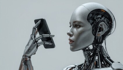 Female humanoid robot speaking on smartphone in gray environment