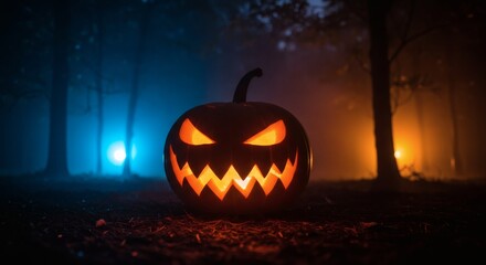Obraz premium Spooky JackoLantern glows in eerie with foggy forest night Halloween vibe.
