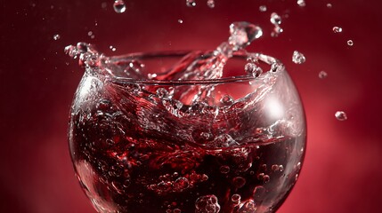 Red liquid splash in a glass, motion captured with dark red backdrop for advertisements