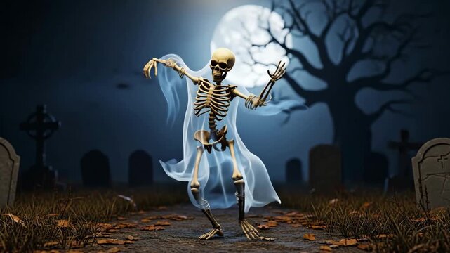 Dancing Skeleton in a Graveyard on Halloween Night - A 3D-video skeleton character dances joyfully in a moonlit graveyard on Halloween.