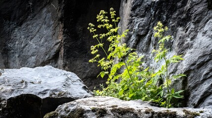 Fototapeta premium Vibrant green plant life emerges from a bed of lichen, nestled against a massive, textured, gray rock face in a serene outdoor environment.