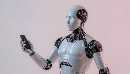 White humanoid robot attentively holding smartphone on pink background