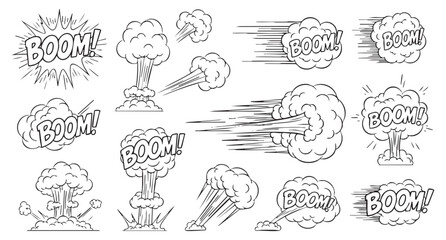 Line speed cartoon effect, comic smoke motion line element set. Comic boom motion, explosive energy, line speed cartoon vector icon. Hand drawn sketch doodle action effect. Vector illustration © trianatio