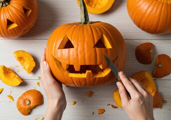 Carving a Halloween Jack O Lantern Pumpkin for Autumn Celebration.