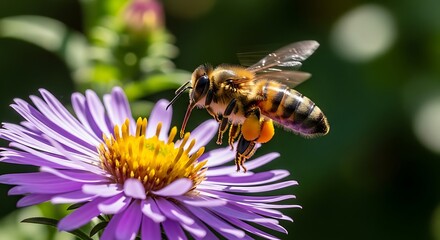 Honey Bee in Flight Collecting Nectar from a Purple Aster Flower on a Sunny Day.