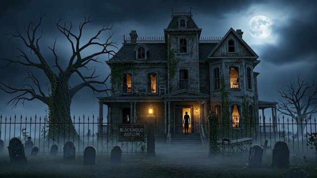 Spooky Haunted Asylum at Night - A cinematic video of a spooky haunted house or insane asylum at night.