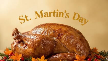 Martinmas card featuring a baked goose in an autumn style.