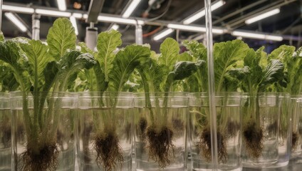 Rows of leafy greens growing in clear containers, roots visible in water.  Hydroponic farm