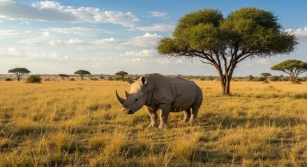 Fototapeta premium Majestic rhinoceros in natural habitat, symbol of strength and endangered wildlife, perfect for safari, nature, and conservation themes.