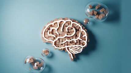 Artificial intelligence and human brain creativity concept with wooden blocks and bubbles 
