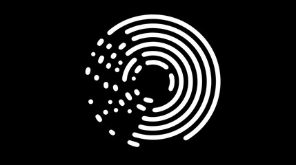 Abstract digital data flow visualization: concentric white circles breaking into dashed lines on a black background, technology and innovation concept.