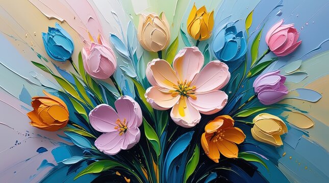 Bold spring flowers in abstract, colorful impasto on rough canvas. Dynamic, textured, with visible brushstrokes. Pink, yellow, orange, and purple palette. Copyspace.
