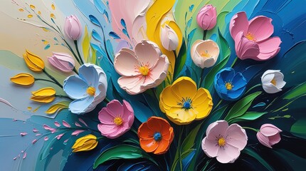 Bold spring flowers in abstract, colorful impasto on rough canvas. Dynamic, textured, with visible brushstrokes. Pink, yellow, orange, and purple palette. Copyspace.