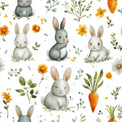 Seamless watercolor pattern featuring adorable bunnies, carrots and spring flowers. Hand painted illustration with spring floral elements