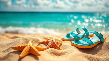 Summer beach scene with starfish and turquoise sandals on golden sand, evoking coastal relaxation.