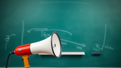 Megaphone positioned before a blank blackboard, representing communication and learning in a simple setting.
