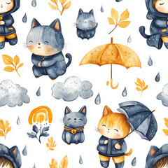 Seamless watercolor pattern with cute cats in raincoats, umbrellas, raindrops, autumn leaves and clouds. Adorable watercolor rainy day pattern with kittens