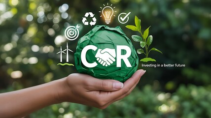 Sustainable corporate social responsibility concept with csr icon in human hand 
