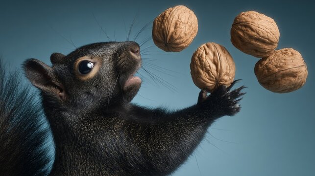 Black squirrel juggling walnuts against teal backdrop, illustrating nature's skills, for educational content