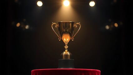 Shining gold trophy cup on a velvet podium, spotlighted dramatically against a dark background.