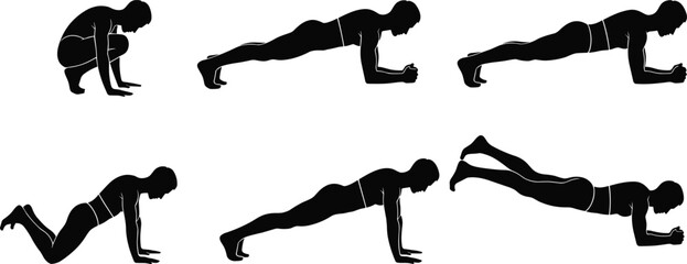 Silhouette vector set of core workout poses including plank variations, bodyweight fitness positions, strength training, and stability exercises