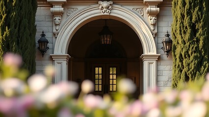 Ornate mansion entrance archway bathed in soft daylight, with a blurred garden in the foreground.