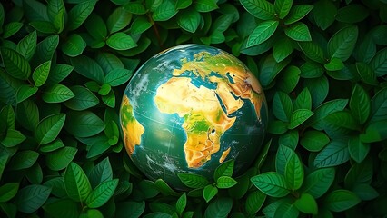 Earth globe surrounded by lush green leaves, symbolizing environmental awareness under natural ambient light.