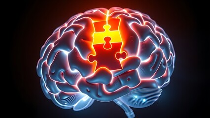Brain-shaped puzzle with one glowing piece, revealing hidden connections.