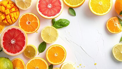 Citrus Fruit Assortment on White Background with Vibrant Colors and Textural Variety in a Bright Overhead Shot