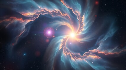 Two star cores weave jewel-toned gas ribbons in an ultra-detailed cosmic nebula close-up.