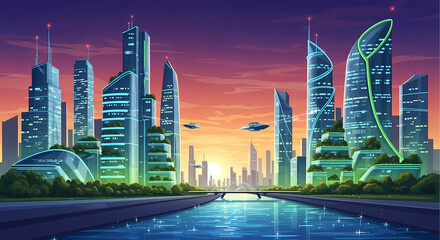 A vibrant futuristic city skyline with sleek skyscrapers, flying vehicles, and lush greenery reflecting in a river at sunset.