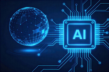 An image showcasing AI concept with circuit, globe, and chip representing technology and global connectivity.