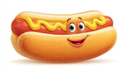 Cartoon-style hot dog smiles broadly, featuring a bun, sausage, and mustard, with added facial features