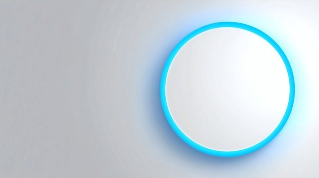 Bright glowing blue circle frame placed on white background with soft light and reflections.