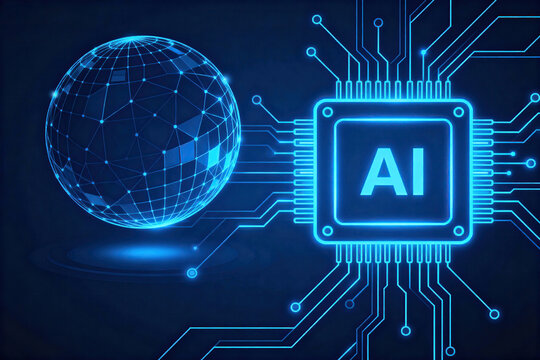 An image showcasing AI concept with circuit, globe, and chip representing technology and global connectivity.