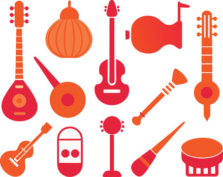 Indian musical instruments vector icons collection traditional culture ethnic music design elements