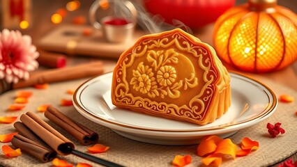 Traditional mooncake on porcelain plate with cinnamon sticks and chrysanthemum petals, golden lighting.