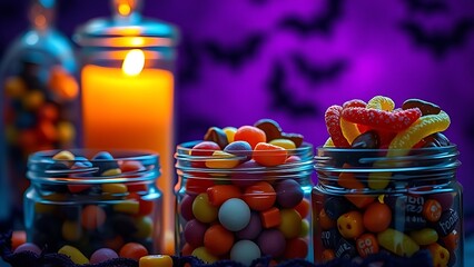 Candy-filled glass jars with chocolates, creating a whimsical Halloween treat display.