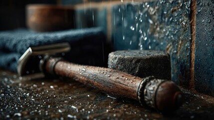 Obraz premium Black and wooden razor on wet dark tile wall with mist