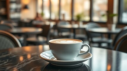 Steaming hot latte cup on an elegant cafe table, evoking a warm morning breakfast atmosphere.